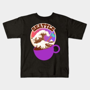 Seattle. Great Wave of Coffee in a Purple Cup. Kids T-Shirt